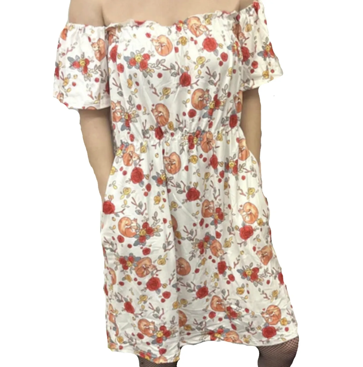 Floral Squirrel Off the Shoulder Dress