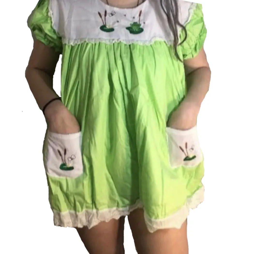 Frogs and Lily Pads Embroidered Baby Doll Dress