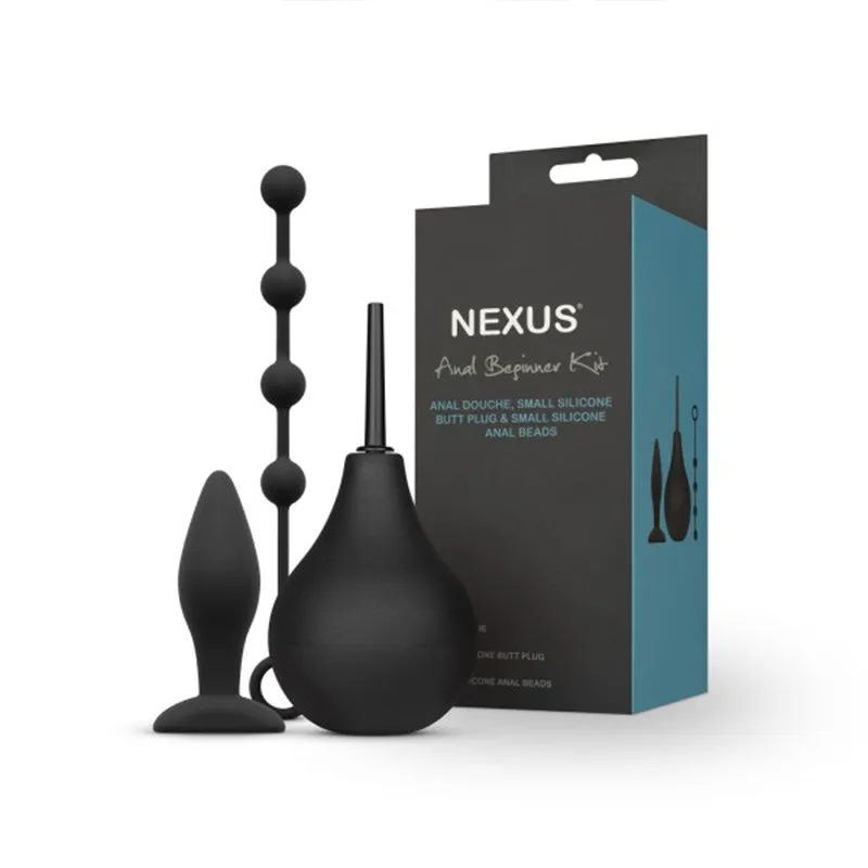 Nexus Anal Beginner Kit with Douche. Silicone Beads. Small Silicone Butt Plug Black