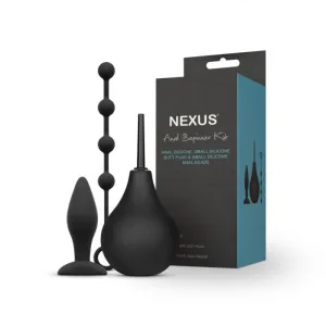 Nexus Anal Beginner Kit with Douche. Silicone Beads. Small Silicone Butt Plug Black
